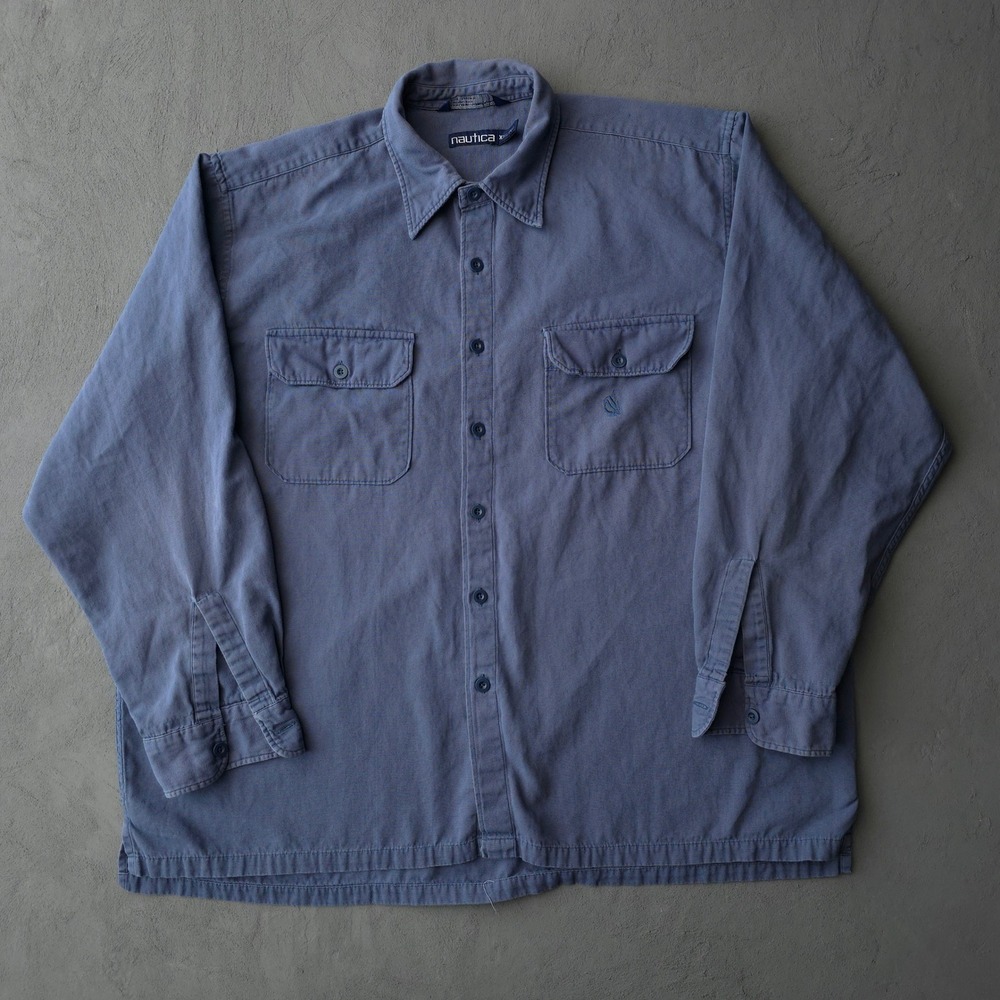 Vintage 90s Nautica Blue Long Sleeve Button Up Shirt XXL Dual Pocket Cotton